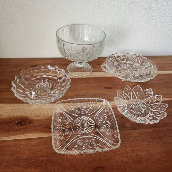 Glassware 5 piece bundle vintage trifle bowl depression star etched glass brunch - Picture 1 of 7
